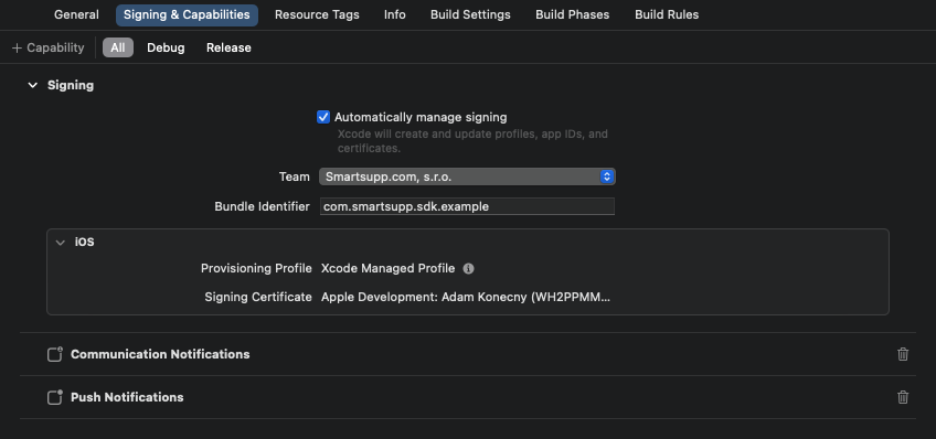 Xcode Capabilities Settings